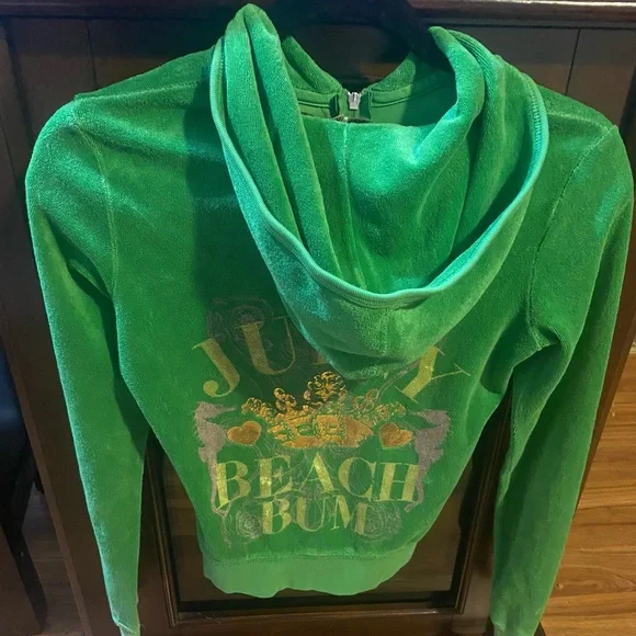 Juicy Couture Vintage Sz S Green Terry Cloth Hoodie w Gold & Crystal Design - Picture 8 of 15